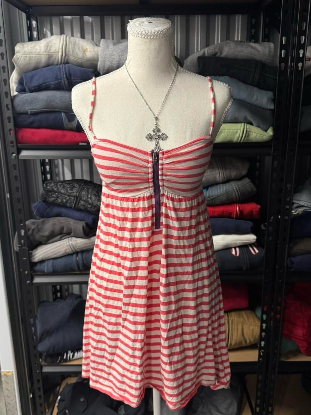 Roxy red and white striped babydoll dress with zipper detail size XS summer